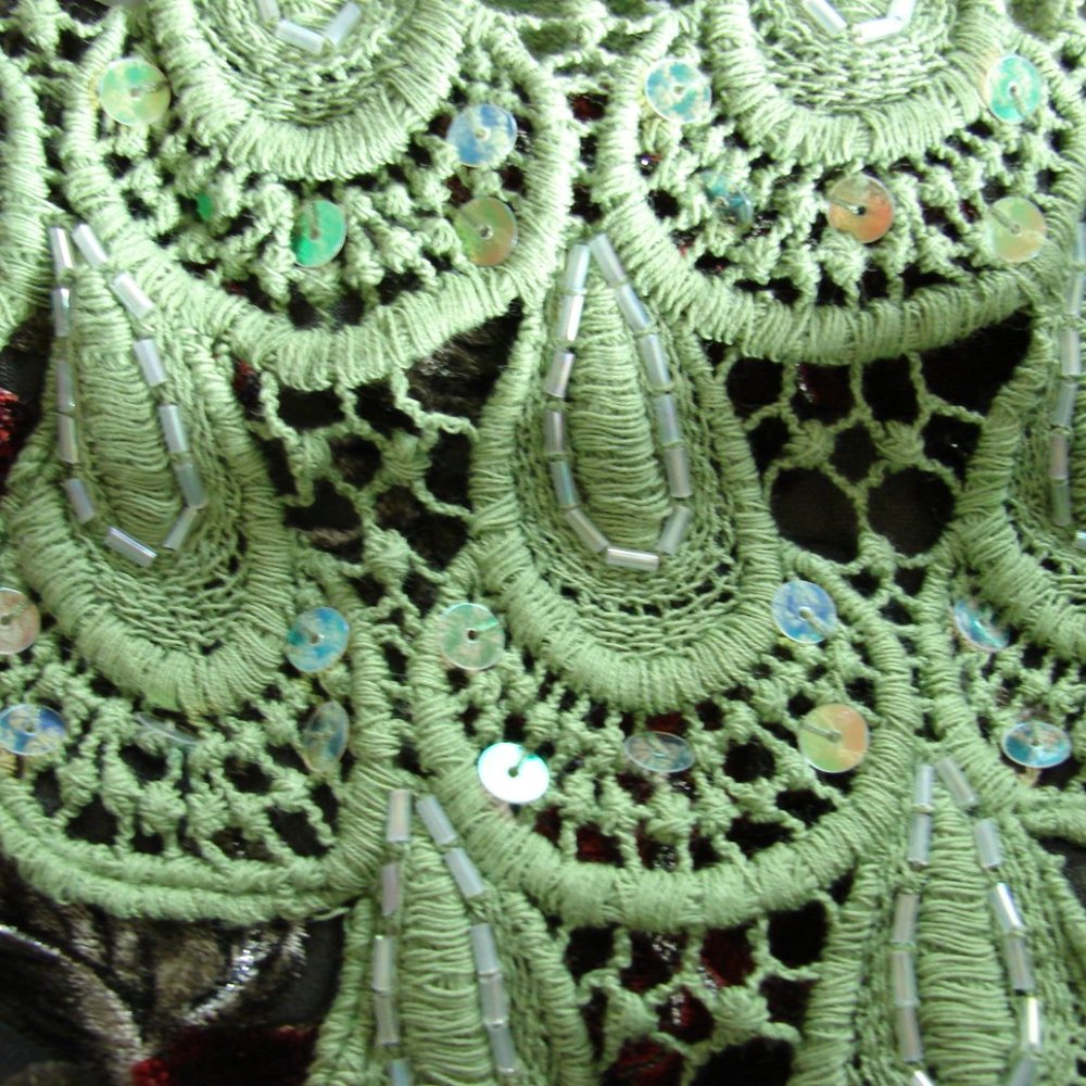 Floral Velvet Burn Out Burgundy Green Lace Dress L - Picture 6 of 16